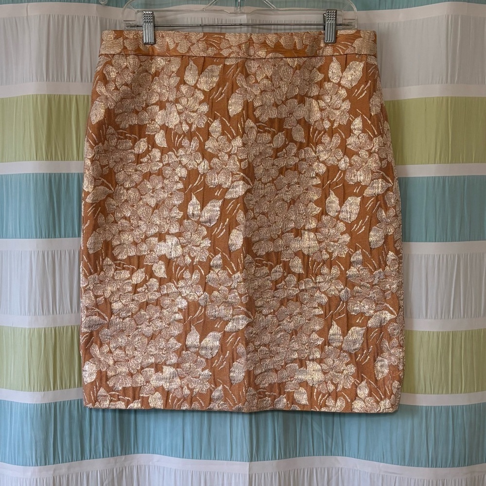Talbots Pencil Skirt Brocade Metallic Peach Pink Gold Sz 12 - Picture 9 of 9